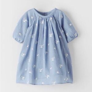 ZARA Baby Girls Light Blue Embroidered Floral Lined Dress Size 2-3Y